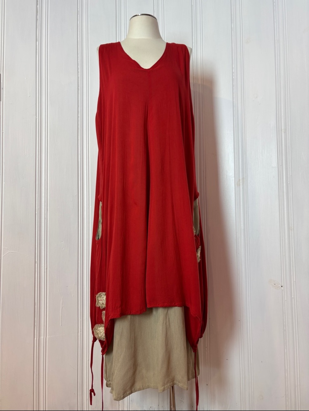 Tara Vao Red Beige Boho Layered Rayon Dress Size 3X